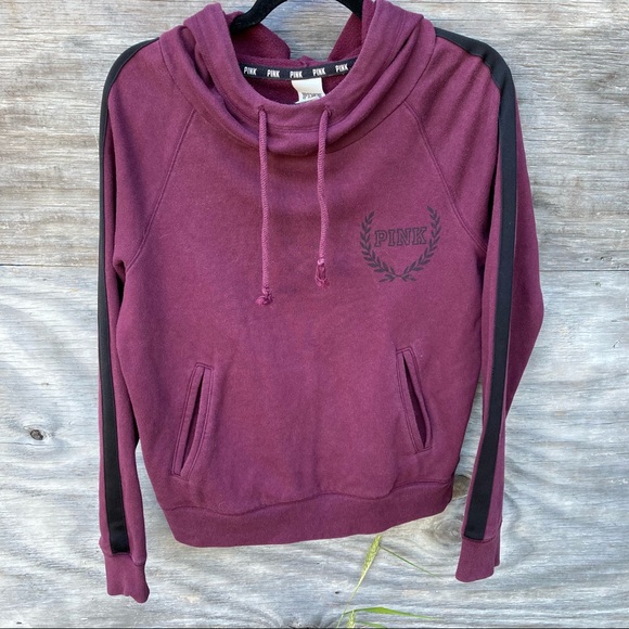 PINK Victoria's Secret Tops - PINK Cowl Neck Graphic Pullover Hoodie Burgundy